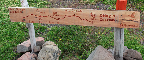Placa indicando distância e relevo entre os pontos ao longo da trilha - Circuito W, Torres del Paine, Chile - Foto: Amandina Morbeck.