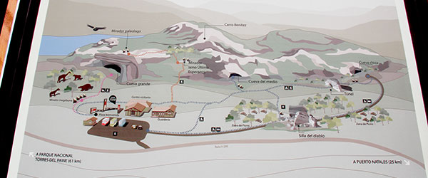 Mapa do Monumento Natural Cueval del Milodón - Puerto Natales, Chile - Foto: Amandina Morbeck.