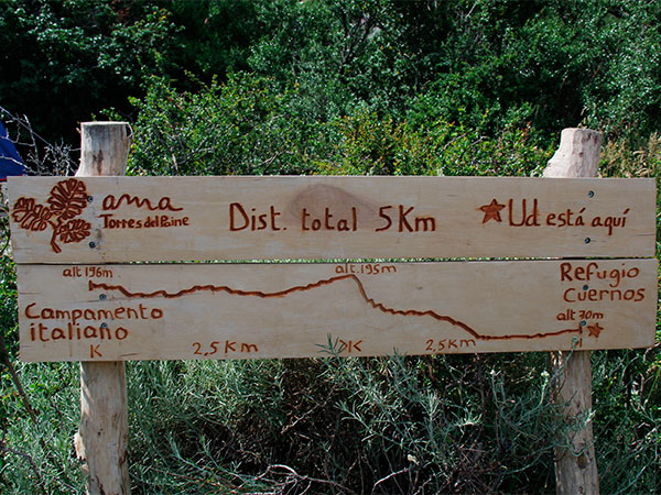 Na plaquinha no Refúgio Los Cuernos, a distância e a altimetria até o Acampamento Italiano - Circuito W, Torres del Paine, Chile - Foto: Amandina Morbeck.