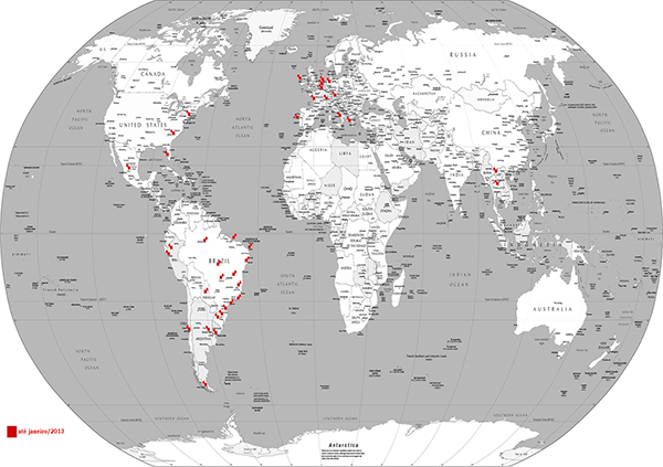Mapa mundi para mostra Por onde Aman andou - Site Viajando com Aman, www.viajandocomaman.com.br.