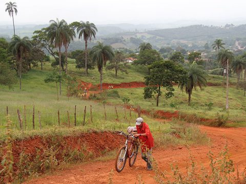 Na garupa da bike, as compras de Adão